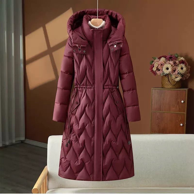 Long knee-length down cotton-padded jacket for women, winter drawstring waist-cinching, slimming, form-fitting and warm cotton-padded jacket for women