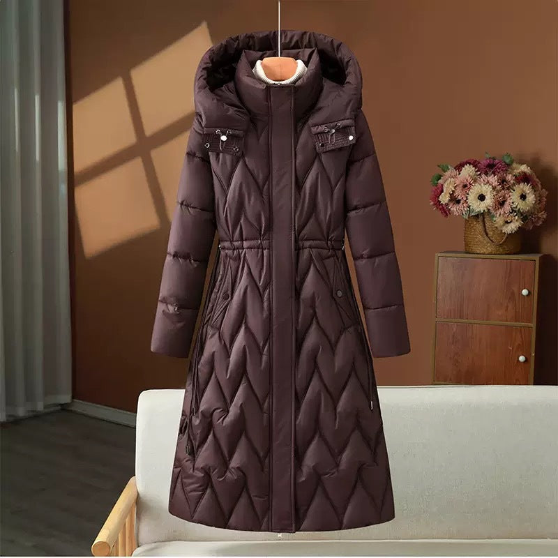Long knee-length down cotton-padded jacket for women, winter drawstring waist-cinching, slimming, form-fitting and warm cotton-padded jacket for women