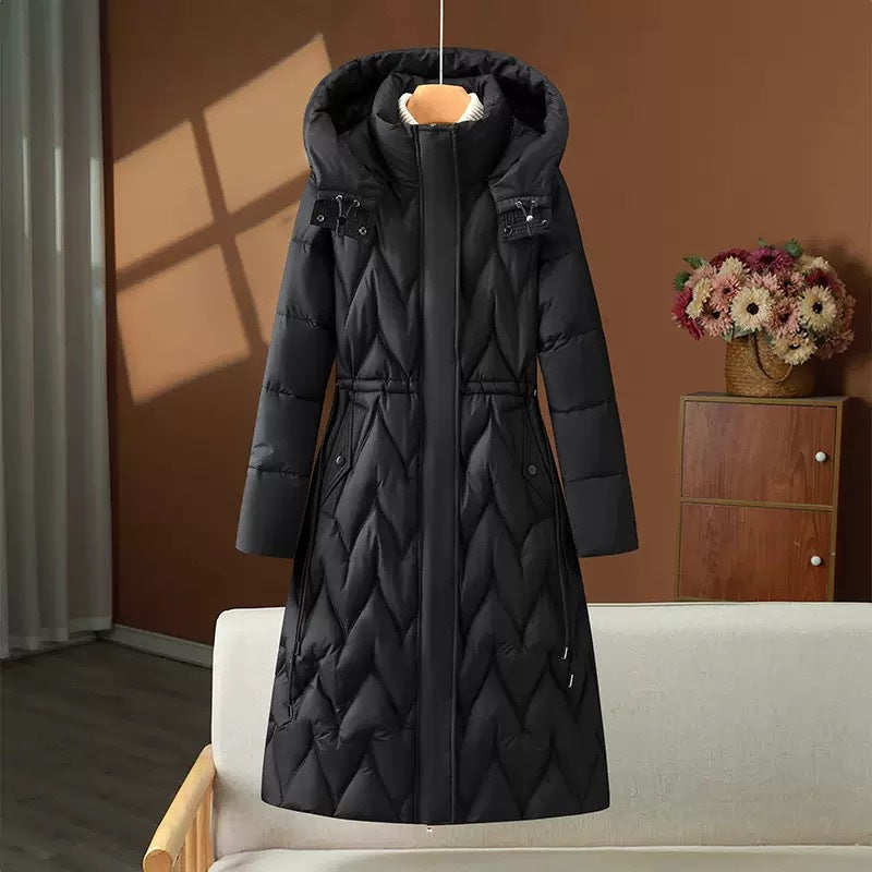 Long knee-length down cotton-padded jacket for women, winter drawstring waist-cinching, slimming, form-fitting and warm cotton-padded jacket for women