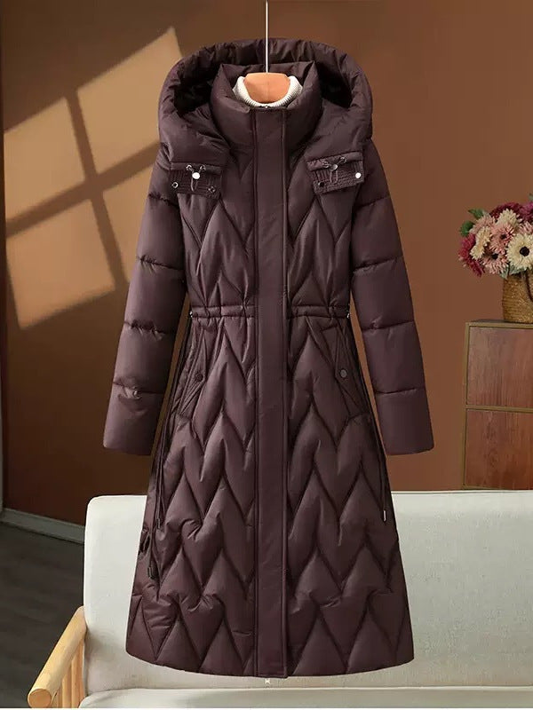 Long knee-length down cotton-padded jacket for women, winter drawstring waist-cinching, slimming, form-fitting and warm cotton-padded jacket for women