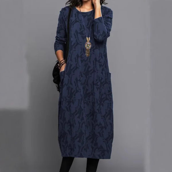 Spring and autumn new personalized printed round neck long sleeve dress woman
