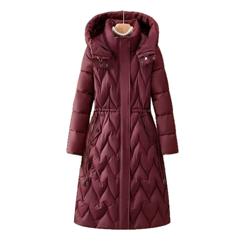 Long knee-length down cotton-padded jacket for women, winter drawstring waist-cinching, slimming, form-fitting and warm cotton-padded jacket for women